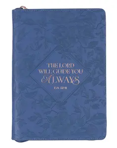 Blue Vegan Leather Zipped Journal, Inspirational Women’s Notebook The Lord Will Guide - Scripture, Flexible Cover, 336 Ruled Pages, Ribbon Bookmark