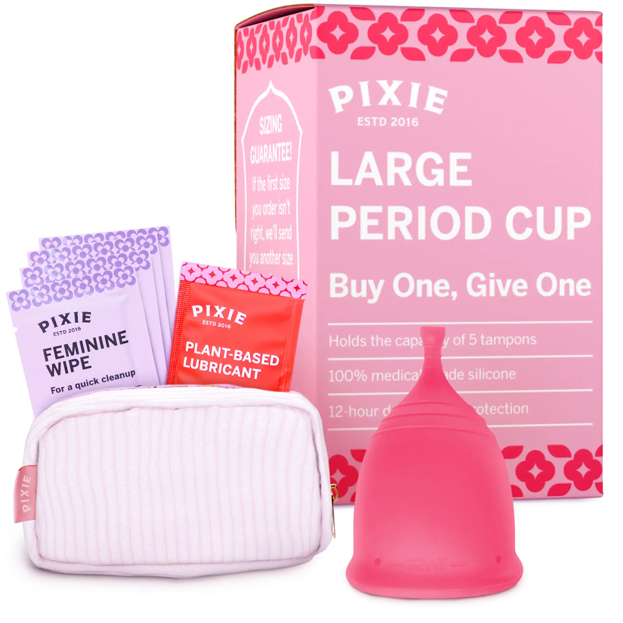 Pixie Soft Menstrual Cup - Ranked 1 for Most Comfortable Reusable Period Cup - Buy One We Give One - Includes Ebook Guide, Cleaning Wipes, Lube, & Storage Bag - Tampon and Pad Alternative (Large, Pink)