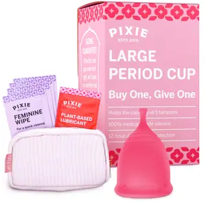 Pixie Cup - Soft, Safe, Reusable Menstrual Cup – 100% Medical-Grade Silicone Period Cup for Feminine Care - Buy One We Give One (Pink, Large)
