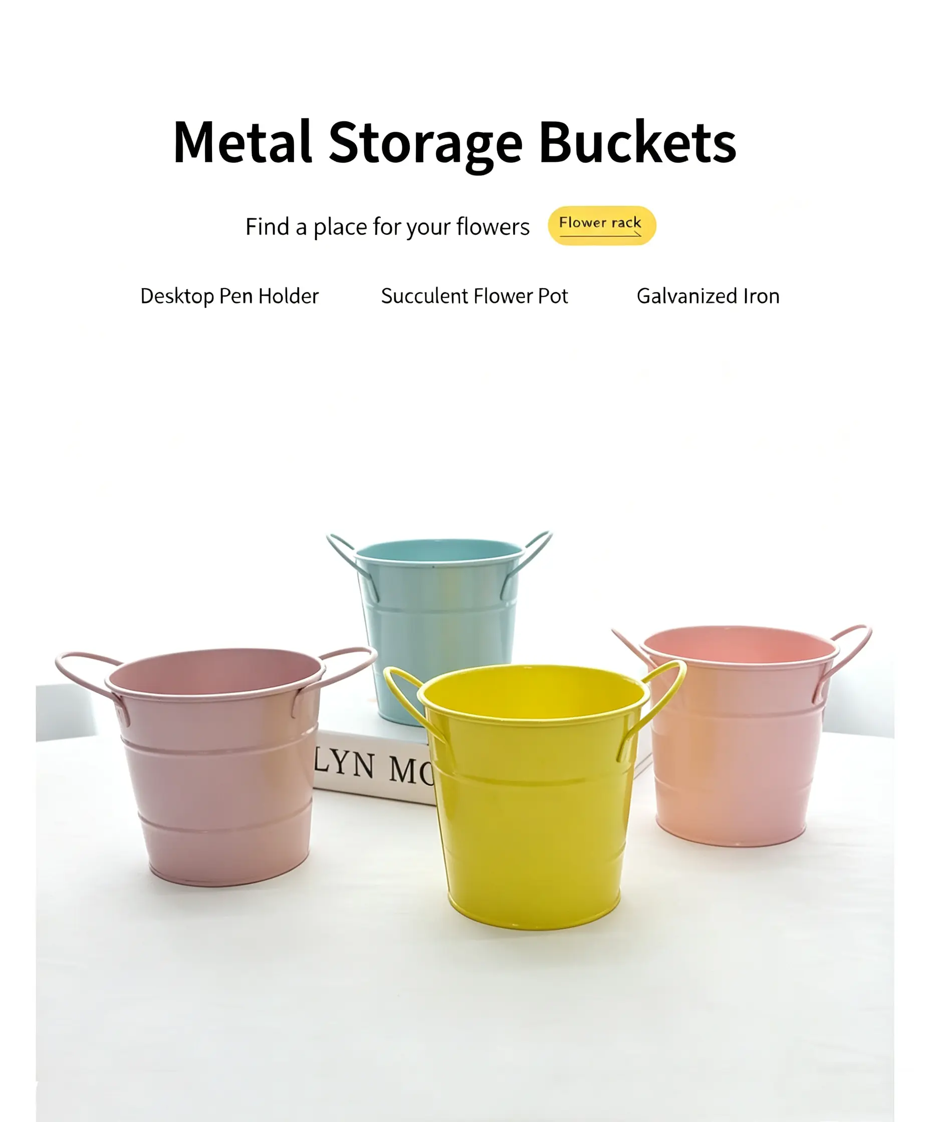 Multicolor Metal Storage Bucket With Portable Dual Handles, Glossy Galvanized Iron Container, Multipurpose Small Metal Pail For Succulent Planter, Desktop Organizer, Snack Holder And Home Tabletop Decor