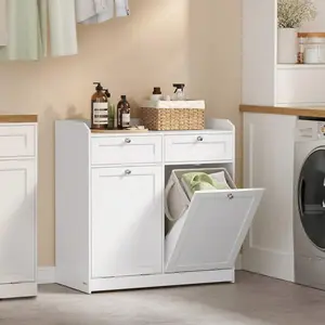Bathroom Laundry Cabinet With Basket, With 2 Drawers And 2 Hidden Laundry Hampers, Freestanding, Tilt-Out Laundry Baskets With Handles, 31.1 X 15.8 X 31.5 Inches