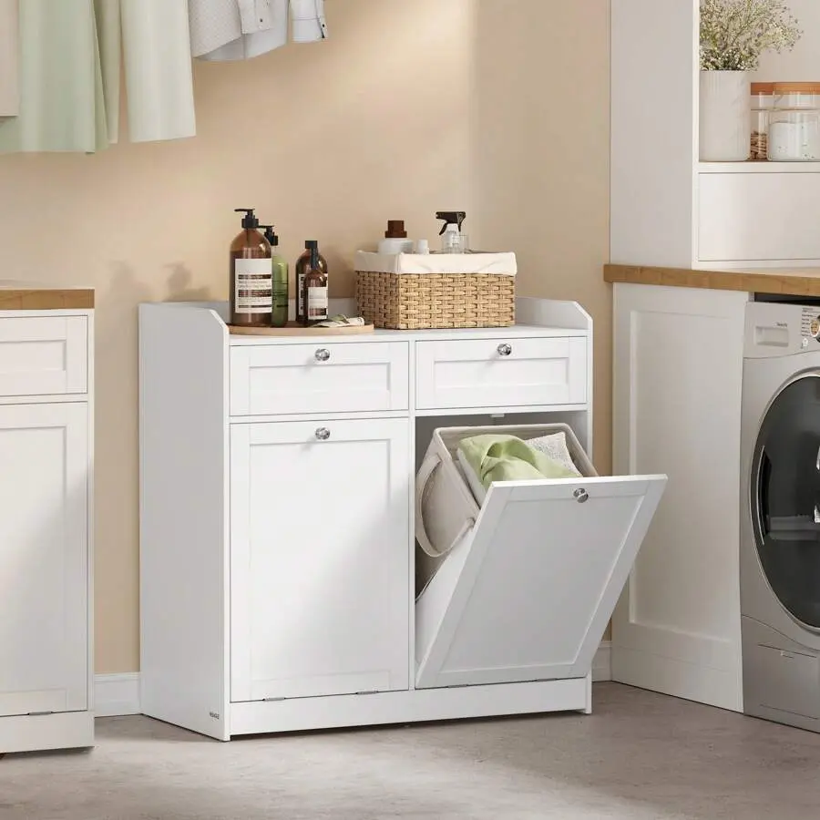 Bathroom Laundry Cabinet With Basket, With 2 Drawers And 2 Hidden Laundry Hampers, Freestanding, Tilt-Out Laundry Baskets With Handles, 31.1 X 15.8 X 31.5 Inches