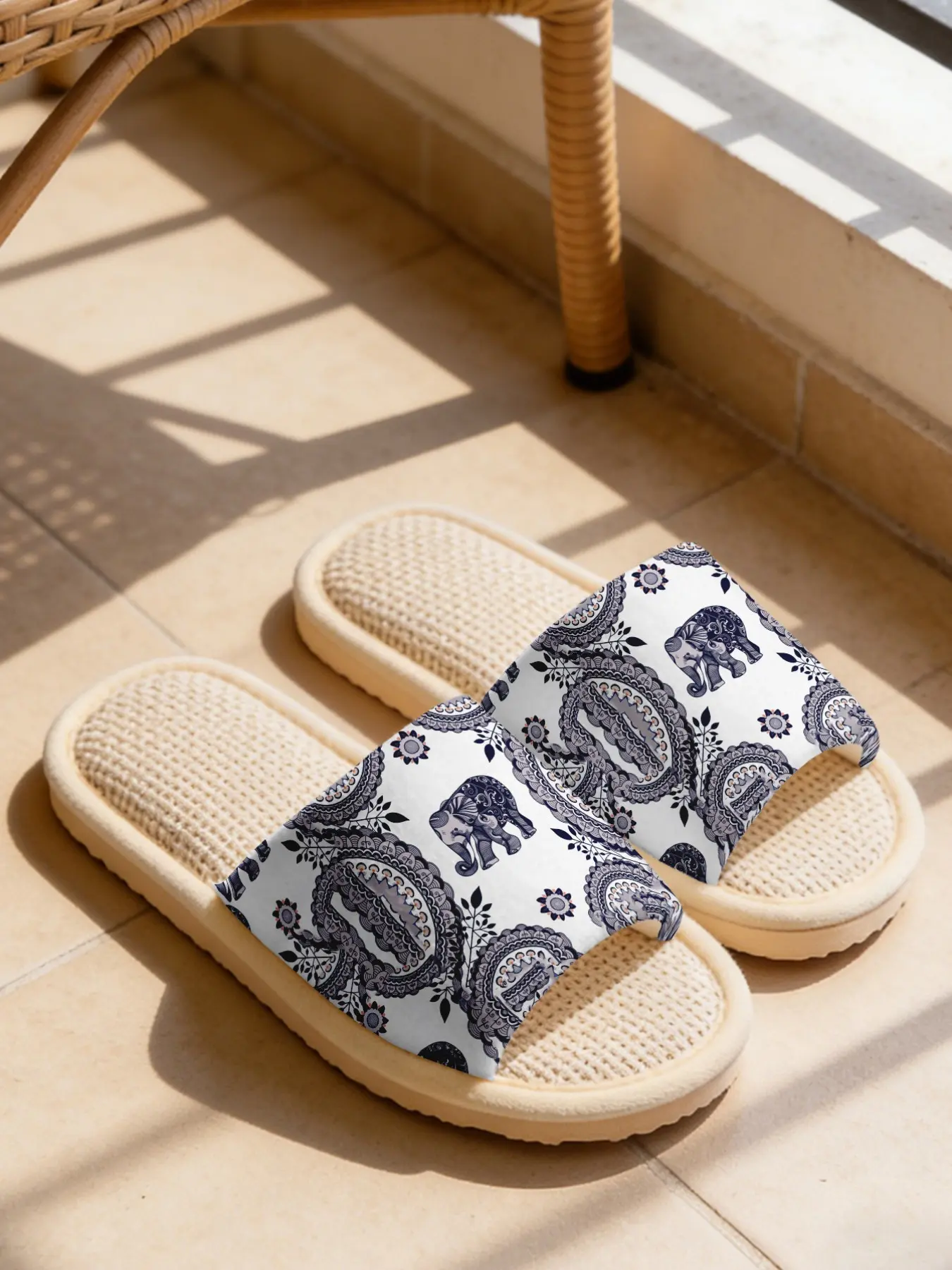 Paisley & Elephant Print Linen Slippers Cloud-Feel Retro Exotic Ethnic Style Must-Have For Literary & Exotic Style Lovers Home & Outdoor With Breathable Non-Slip