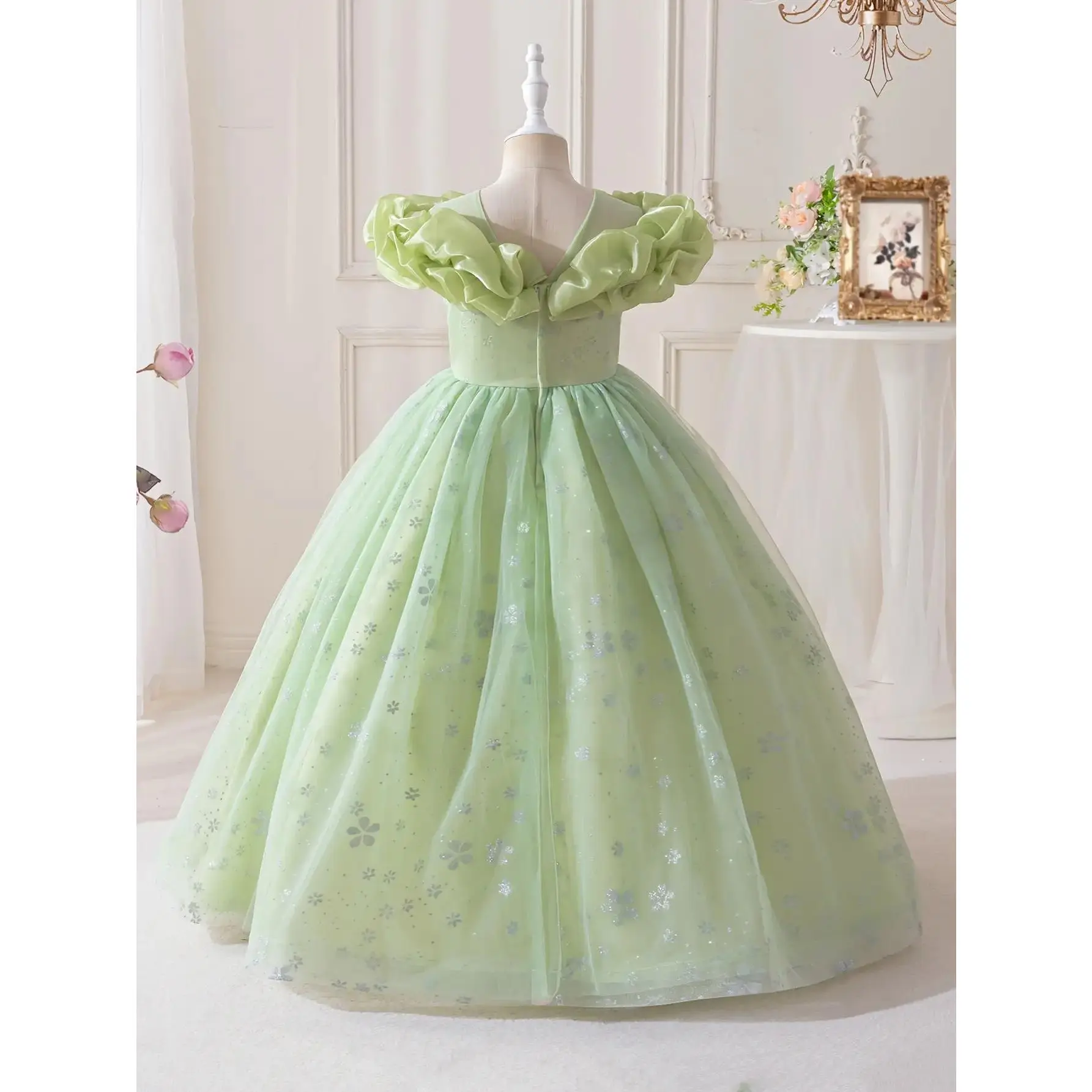 Elegant Ruffled Mesh Overlay Flared Dress - Sleeveless A-Line Long Formal Dress Birthdays, Stage Performances, Piano Competitions & Occasions - Light Green with Blue Floral Pattern, Perfect Hosts & Recruit, Dress, Decorative Fl