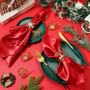 Christmas Napkin Set to Enhance Your Festive Dining Table - Includes 6 Shiny Satin Napkins Paired with 6 Metal Napkin Rings, a Total of 12 Decorative Items Suitable for Christmas, New Year, And Winter Parties.