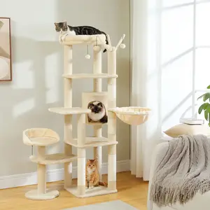 Multi-Level  Tree with Scratching Post Hammock Large Perches Hanging Balls Tall  Tower for Indoor Spacious  Condo House Cat Tree with Hammock