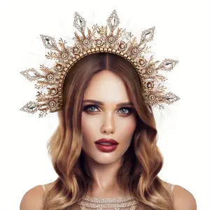 The new 2024 is a hot seller Gold Halo Crown Headpiece - Queen Headband Greek Goddess Headpiece Zip Tie Wedding Hair Accessory Photoshoot Props Cosplay Party Carnival White Feather Cube Glass Drill