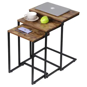 ZENY Set of 3 Industrial Nesting Sofa Side Table Indoor MDF C-shaped Stacking End Table Metal Frame Rustic Brown