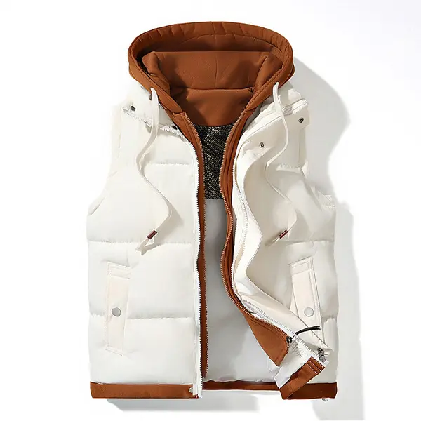 Men's Casual White Puffer Vest - With Brown Accents, Trendy & Comfortable Men's Casual White Puffer Vest - With Brown Accents, Trendy & Comfortable