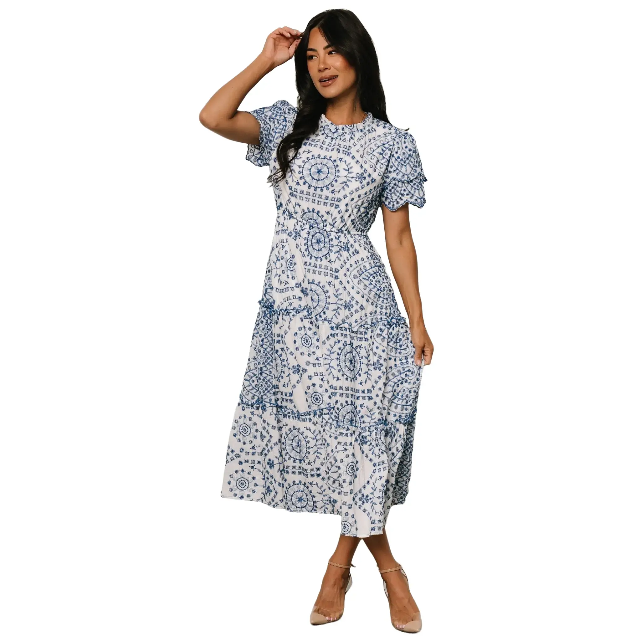 Mirabel Eyelet Midi Dress | White + Blue - TikTok Shop