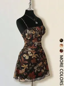 1 Piece Autumn Leaf Waist-Cinched Print Dress | Euro-American Casual Vibe Chic | Spaghetti Strap Design + Breathable Fabric | Comfortable Pick for Autumn Day Trips / Casual Social Gatherings