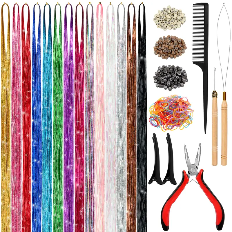 Women's Heat Friendly Synthetic Hair Tinsel Kit, 48in Trimtofit Holographic Multi-Color Glitter Extensions, Heat-Resistant Set with Rubber Bands & Crochet Hook, Salon-Level Shimmer Gifts for Women for Christmas Party