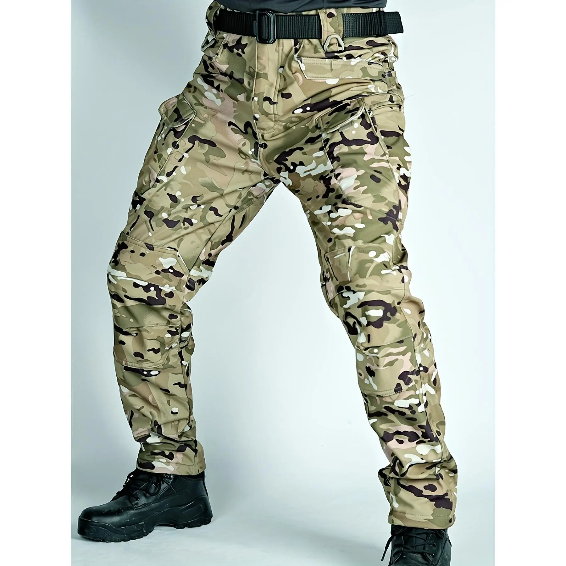 Men's Windproof Fleece-Lined Cargo Pants with Multiple Pockets - Durable, Warm Outdoor Workwear for Fall/Winter