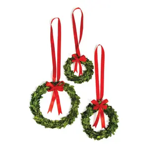 Set of Three Boxwood Wreaths with Red Ribbons