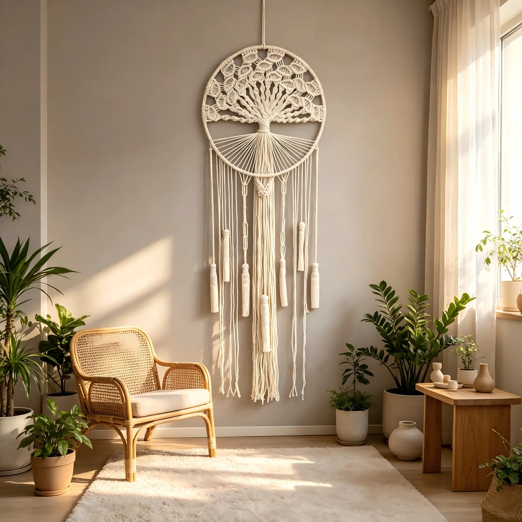 Hangable Macrame Dream Catcher Wall Hanging - Boho Large Green Tree of Life Ornament, Handmade Tassel Feather Decor, Natural Cotton Fringe Pouch, Modern Chic Bedroom Living Room Decor for Women, Juneteenth Accent
