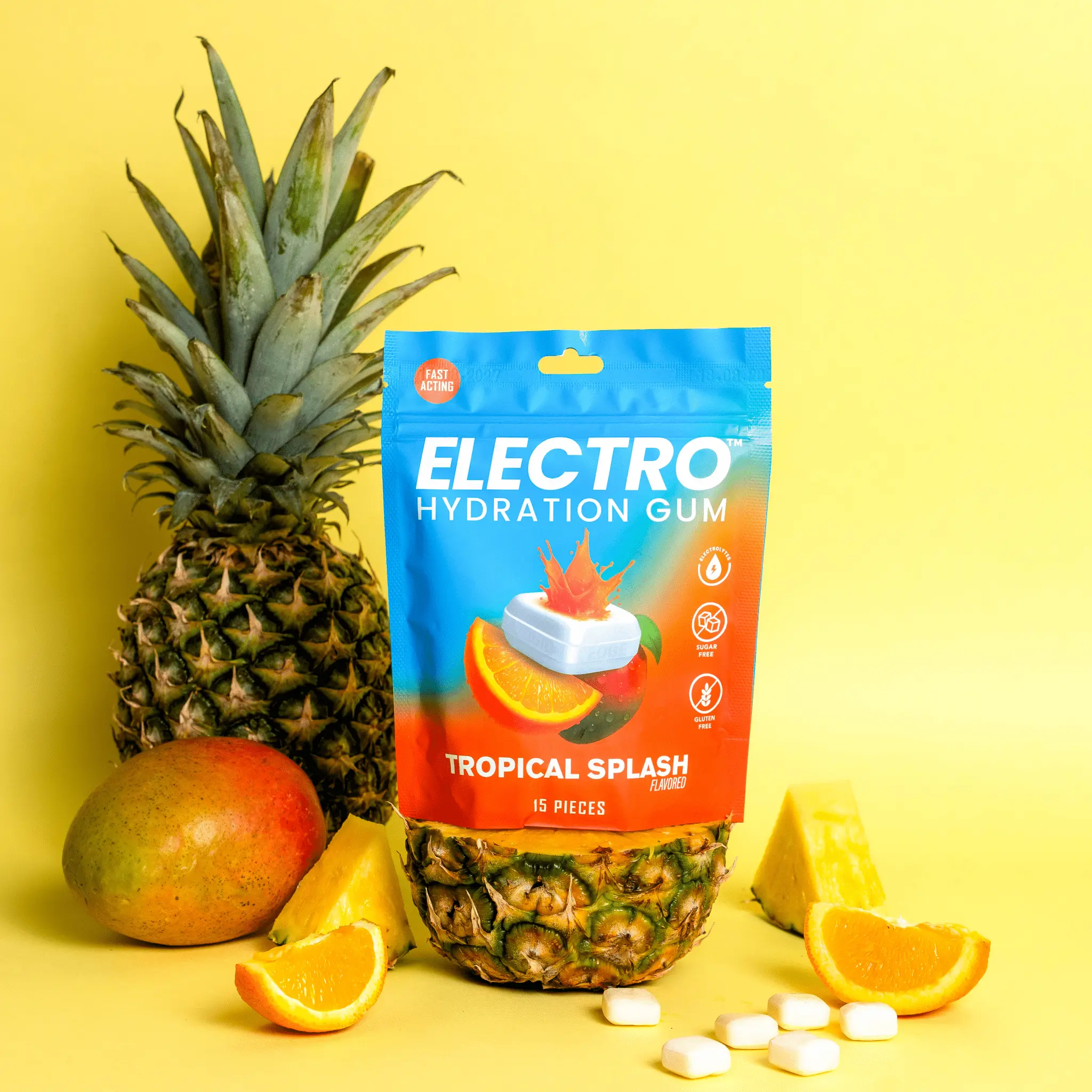 Electro Hydration Gum - Sugar Free Electrolyte Gum, Fast-Acting Liquid Core, Tropical Splash, 15 Pcs Per Pack - Instant Hydration for Training, Running & Recovery