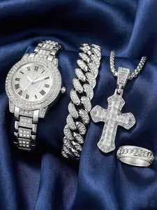 Silver Color Stainless Steel Watch Band Roman Design Quartz Watch, Cuban Link Bracelet, Cross Pendant Necklace, Unisex Fashion Watch Set