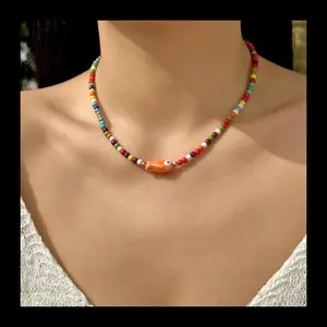 Bohemian Color Simple Ceramic Small Fish Rice Bead Necklace Female Collarbone Chain Sweet Dopamine Beaded Necklace
