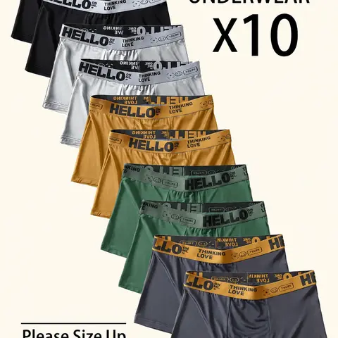 10 Pack  Men's Letter Tape Boxer Briefs (Please Size Up), Soft Comfortable Breathable Underwear for Daily Wear Full Coverage Knickers Casual Men's Underwear for All Seasons