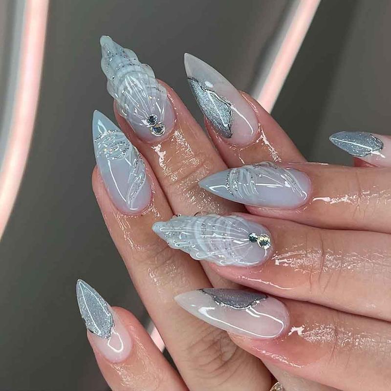 Long Press on Nail - Almond Fake Nails with 3D Design Blue Nails Glossy Full Cover Nails for Women 24 PCS