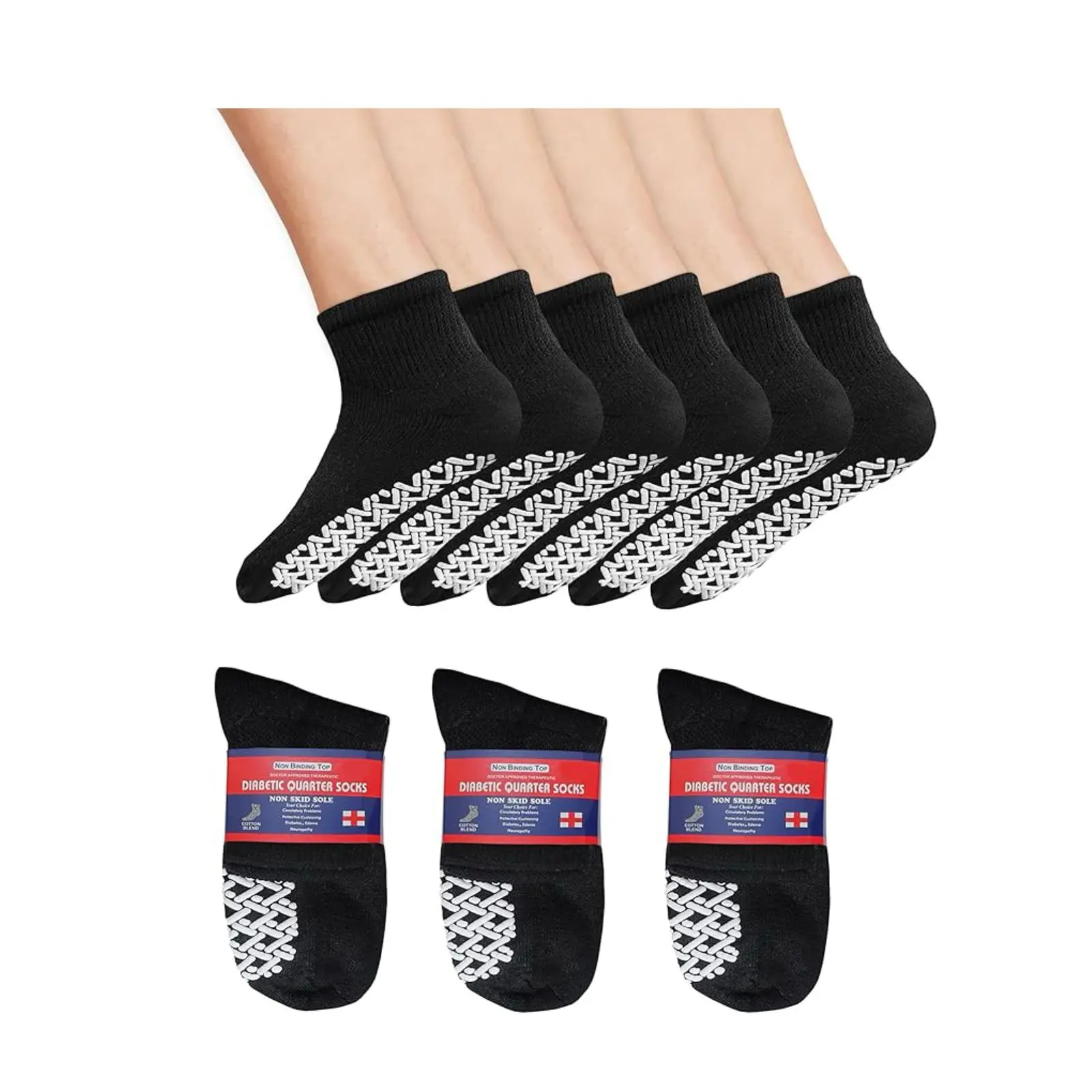DIAMOND STAR Men's Diabetic Edema Socks Set (12 Pairs) - Non-Binding Loose Fit, Cushioned Quarter Cotton, Smooth Knit, Breathable, Soft Comfy, Non Slip for Blood Boost & Healthy Circulation