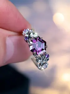 Trendy Purple Zirconia Synthetic Crystal Flower Vintage Silver Color Wedding Bands Engagement Rings For Women Men Minimalist Jewelry