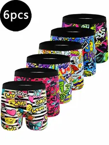 Pack of 6 men's graffiti print boxer briefs, unique four-corner underwear with distinctive style, trendy Streetwear Fashion men's wear