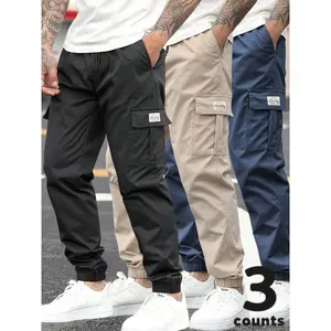 Men's 3-Pack Cargo Jogger Pants - Black, Khaki & Navy - Elastic Waist with Drawstring, Large Flap Pockets, Tapered Fit - Lightweight Fabric - Perfect for Streetwear, Casual, Outdoor Activities - S-3XL Sizes