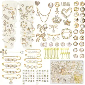 132 Pcs Junk Socks Charms Kit Brooches Pins for Women Shoe Charms with Pearl Safety Pins Brooch Buttons Teen Girl DIY Accessories for Decorating Socks Sneakers Clothes Golden