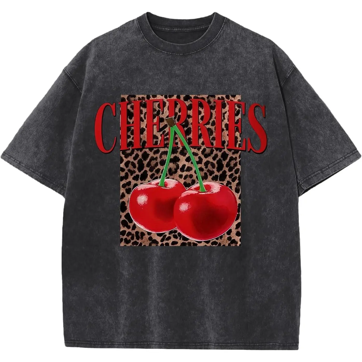 Women's Oversized Graphic T-Shirt, Vintage Cherry Leopard Print, Breathable Acid Wash Cotton Crewneck for Casual Preppy Streetwear & Beach Wear