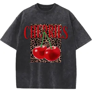 Oversized Cherry Graphic Tees for Women Vintage Leopard Cherry Fruit Shirt Acid Wash Crewneck Streetwear T Shirts Top
