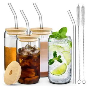 4 Set Glass Cups with Lids and Straws 16 oz, Glasses Drinking Set, Iced Coffee Cup with Bamboo Lids, Drinking Glasses Tumbler with Straw and Lid, Glass Can Coffee Cups, Drinking Glassware, 2 Brushes Drinkware Bottles