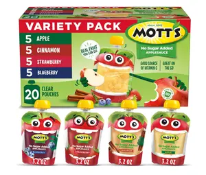 Mott's No Sugar Added Applesauce Variety Pack, 4 Flavors – Apple, Strawberry, Cinnamon & Blueberry, Made from Real Fruit, No Artificial Flavors, 3.2 Clear Pouches, 20 Pack