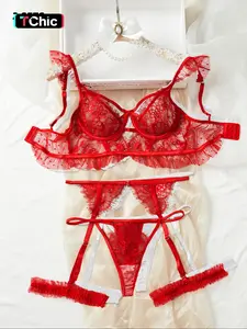 Women's Floral Lace Sexy Lingerie Set, Push Up Bra & Thong & Garter Belt & Stockings & Thigh Ring Set, Lingerie Set for Women, Lingerie Lace Babydoll