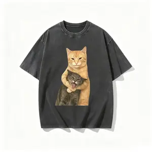 Washable, Cat'S Quarrel Moment Printed T-Shirt, High-Quality Batik Retro Fashion Brand T-Shirt, Men'S T-Shirt, Men'S Summer Wear Summer T-Shirt, Holiday Gift, Perfect Present