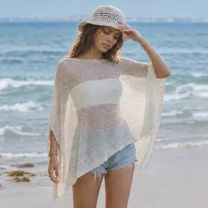 Fisoew Womens Sheer Poncho Top Lightweight SwimWeek Knit Bolero Shrug Mesh Off The Shoulder Y2K Going Out Beach Swimsuit Coverup #Springtok #TikTokShopJumpstartSale
