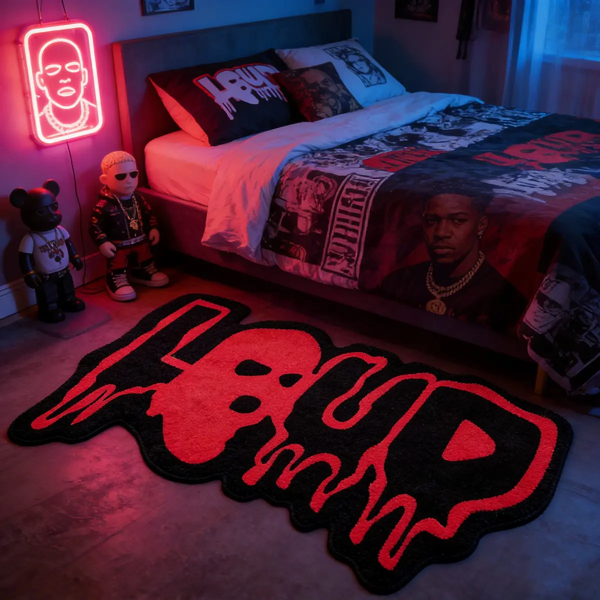 Loud Skull Graffiti Carpet, Hip-Hop Style Gaming Room Bedroom Decor Mat, Gaming Area Rug, Anti-Slip High Elastic Soft Velvet Art Rug