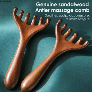 Premium Natural Golden Sandalwood 5-Claw Scalp Massager - Handheld Gua Sha Back Scratcher for Stress Relief & Hair Growth