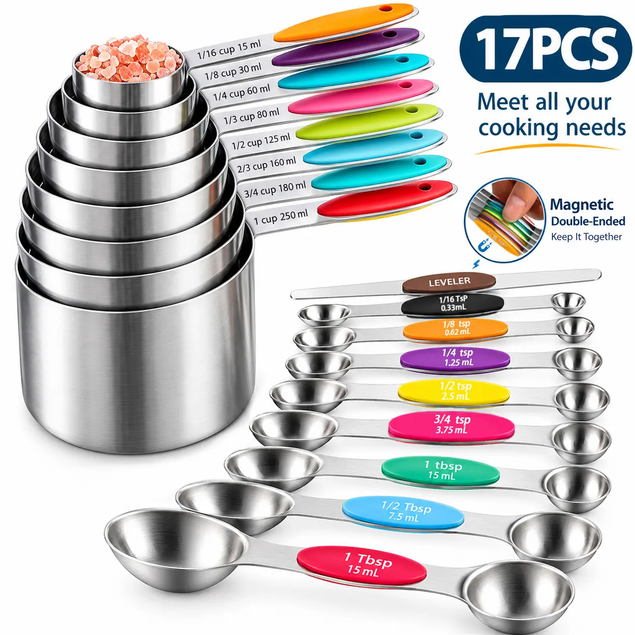9/17-Piece Multi-Size High-End Stainless Steel Measuring Cup & Magnetic Spoon Kitchen Accessories Set-Metric Marked, Accurate Dry/Liquid Measurement, Non-Slip Silicone Handle, Food-Grade Heat Resistant, 1 Straightener for Cooking Needs (Black Friday Pick)