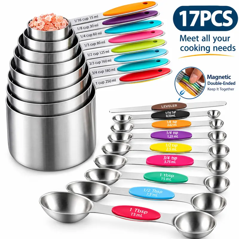 9/17-Piece Multi-Size High-End Stainless Steel Measuring Cup & Magnetic Spoon Kitchen Accessories Set-Metric Marked, Accurate Dry/Liquid Measurement, Non-Slip Silicone Handle, Food-Grade Heat Resistant, 1 Straightener for Cooking Needs (Black Friday Pick)