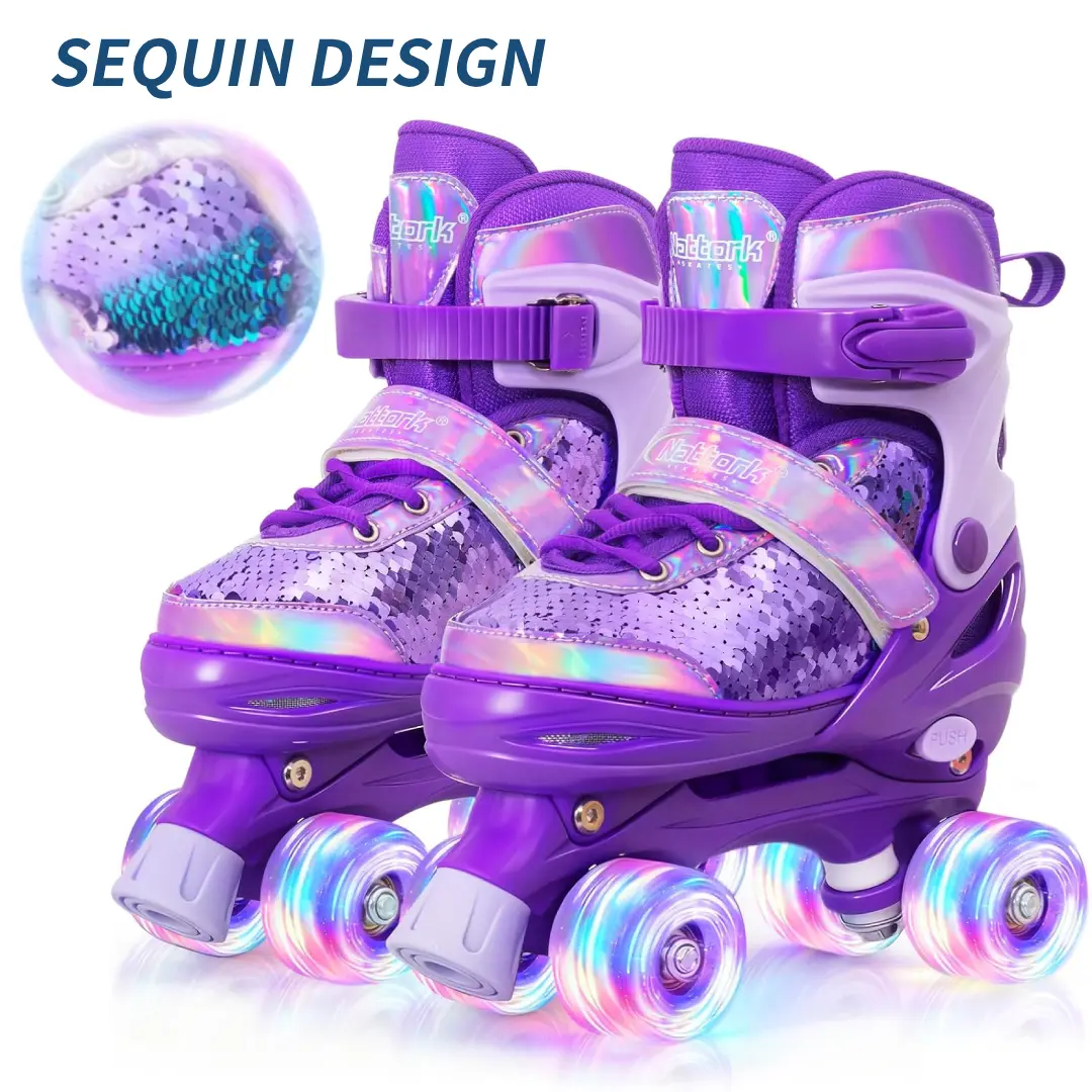 Sequin Inline Skates for Kids & Beginners, Unisex 4-Size Adjustable with Light Up Polyurethane Wheels and ABEC-7 Bearings, Inline Skate, Mesmerizing Light Up Wheels