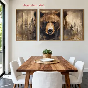3-Piece Set: Brown Bear Wall Art, Forest Painting, Rustic Wildlife Wall Decor Suitable for Living Room, Bedroom, Dining Room High-Definition, Waterproof, Artistic, Frameless