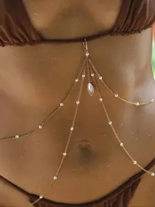 1PC Sexy Metallic Body Chain with Faux Pearl, Chic Body Jewelry, Adjustable Belly Jewelry for Nightclub, Pool Party & Festival Wear, Adjustable Waist Chain