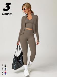 women's solid backless top & leggings & long sleeve open front outerwear set, casual comfy breathable three-piece outfits for yoga gym workout running, ladies clothes for all seasons, activewear, clothes for women, fitness suit, sweatsuit set