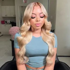 Ombre Milk Tea Blonde With Short Brown Roots Colored Human Hair Wigs 13X6 Lace Front Wig Body Wave Hairstyle Wig Transparent Lace 200% Density Human Hair Wig For Women Pre-Plucked With Baby Hair Long Inches 28 30 32 Inches