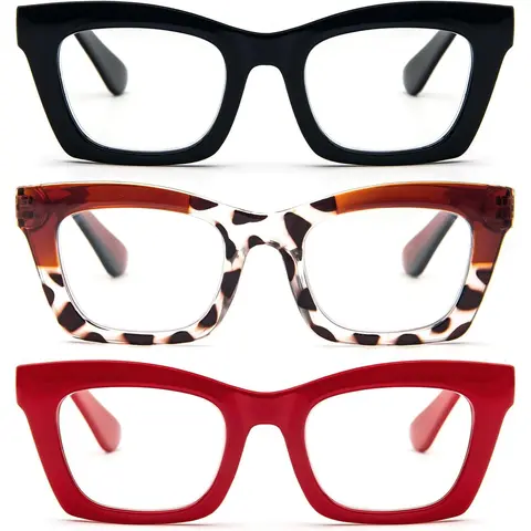 Women's 3-Pack Oversized Square Frame Eyeglasses - High Quality Lightweight Durable Glasses, Blue Light Blocking UV400 Lenses, Spring Hinges, Fashion Frames for Daily Use, Ideal for Female Fashion Lovers