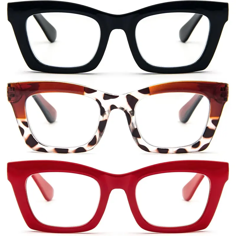 Women's 3-Pack Oversized Square Frame Eyeglasses - High Quality Lightweight Durable Glasses, Blue Light Blocking UV400 Lenses, Spring Hinges, Fashion Frames for Daily Use, Ideal for Female Fashion Lovers