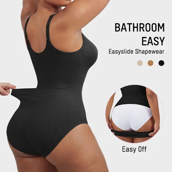 SHECURVE Easyslide Shapewear Bodysuit for Women Tummy Control Butt Lift Faja Seamless Full Body Shaper with Bathroom Easy Design Deep V Wire-Free Bust Support & Breathable Stretch Fabric for Summertime Under Dress Outfit