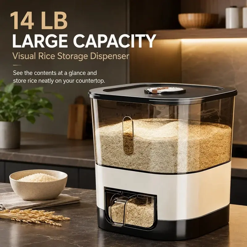 15-pound press-type rice storage container, sealed and moisture-proof grain storage container, equipped with a measuring cup and a 4-piece spoon set, suitable for kitchen dry food storageUtensils Black