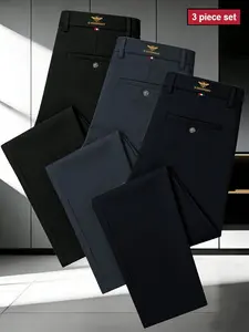 Three-Pack Men’s Wrinkle-Resistant Formal Dress Pants | High-Waist Long Straight Leg | Gold Bee Embroidery | Black/Dark Gray/Navy | Office & Casual Wear | Ideal for Commuting | Set